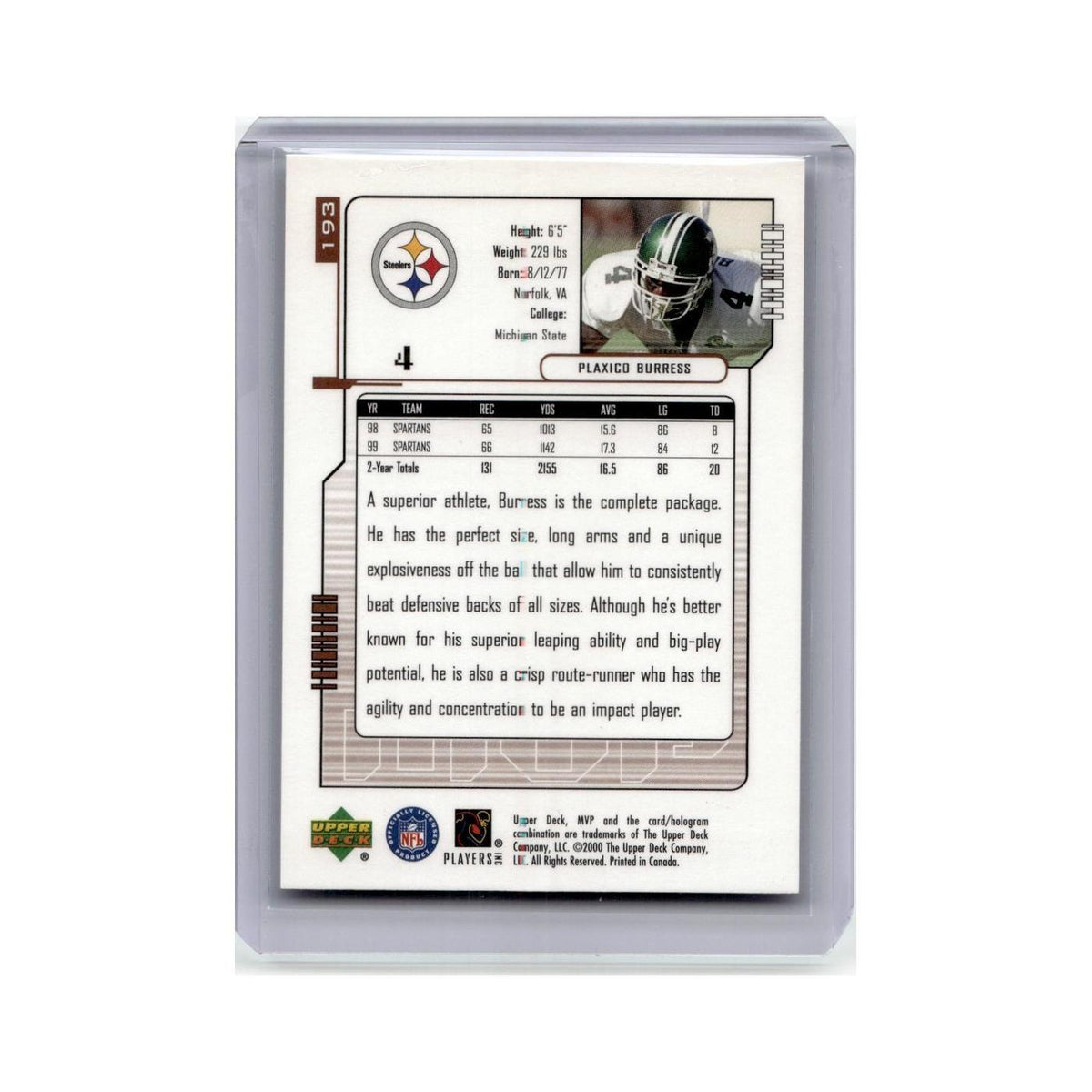 Plaxico Burress Rookie 2000 Upper Deck MVP #193 Pittsburgh Steelers NM