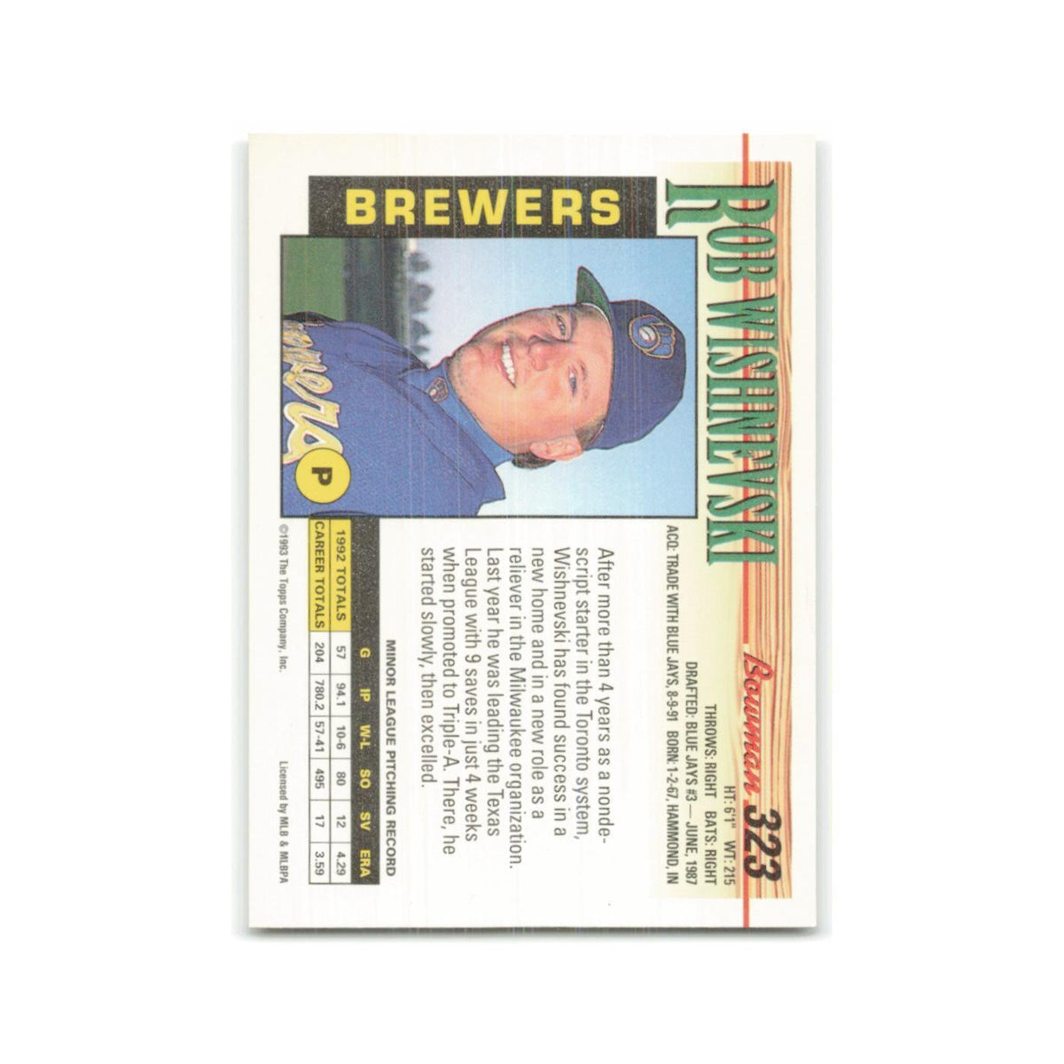 Rob Wishnevski Rookie 1993 Bowman #323 Milwaukee Brewers Baseball Card NM