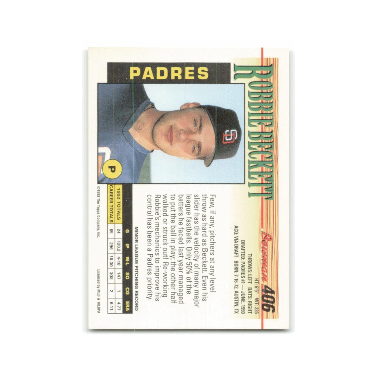 Robbie Beckett 1993 Bowman #406 San Diego Padres Baseball Card NM