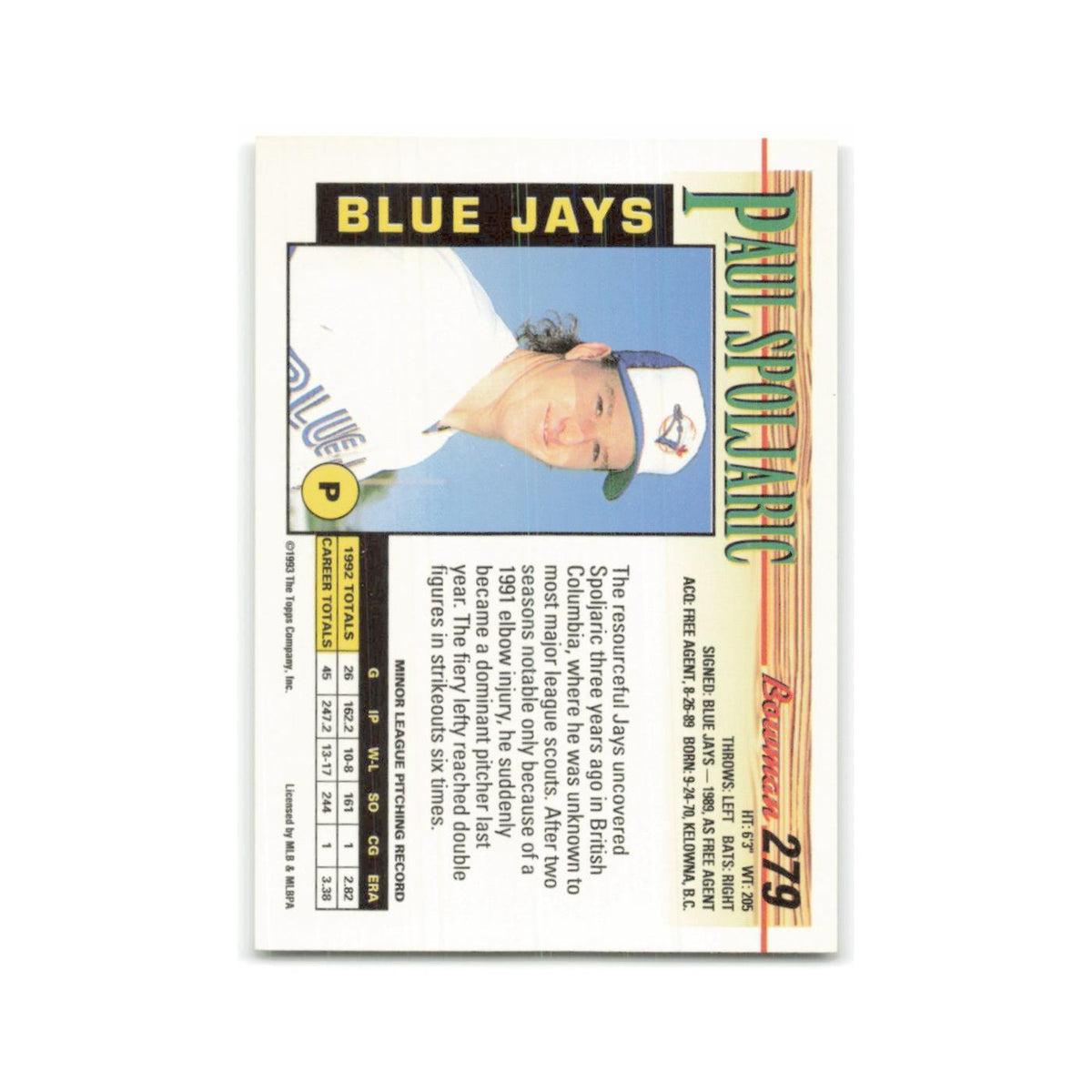 Paul Spoljaric Rookie 1993 Bowman #279 Toronto Blue Jays Baseball Card NM