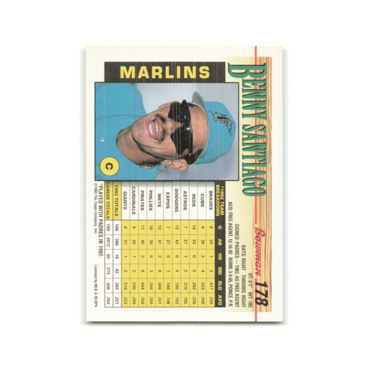 Benny Santiago 1993 Bowman #178 Florida Marlins Baseball Card NM
