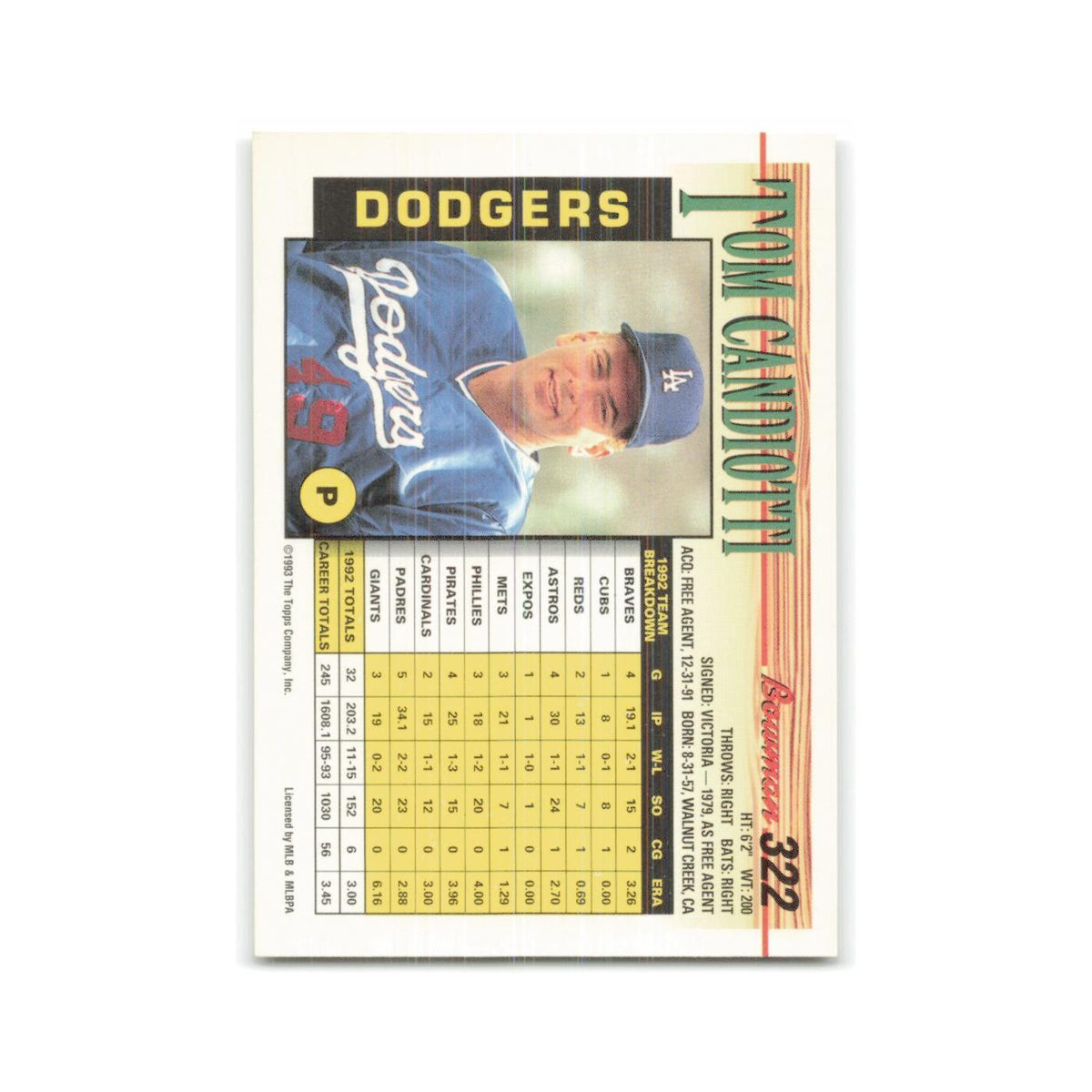 Tom Candiotti 1993 Bowman #322 Los Angeles Dodgers Baseball Card NM