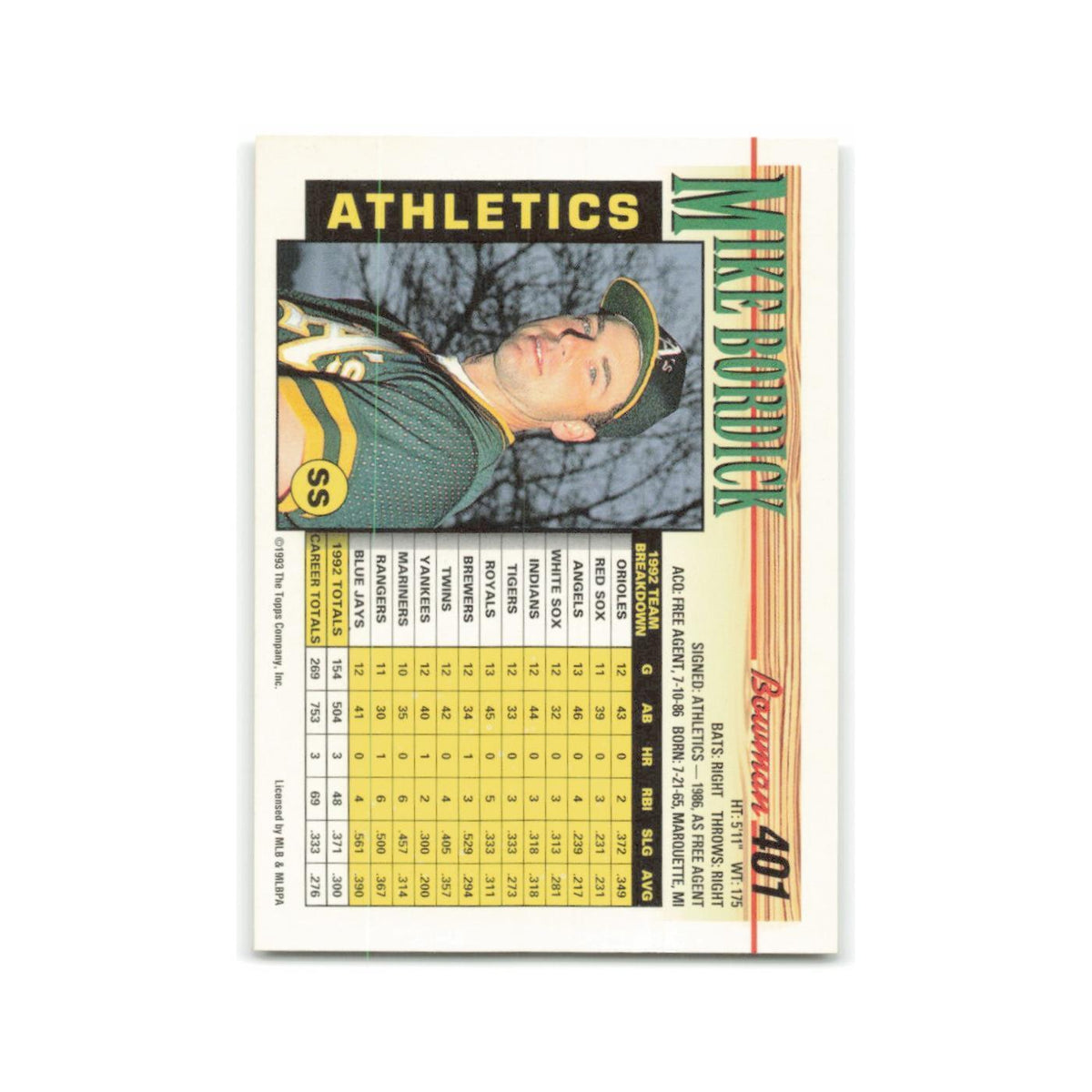 Mike Bordick 1993 Bowman #401 Oakland Athletics Baseball Card NM
