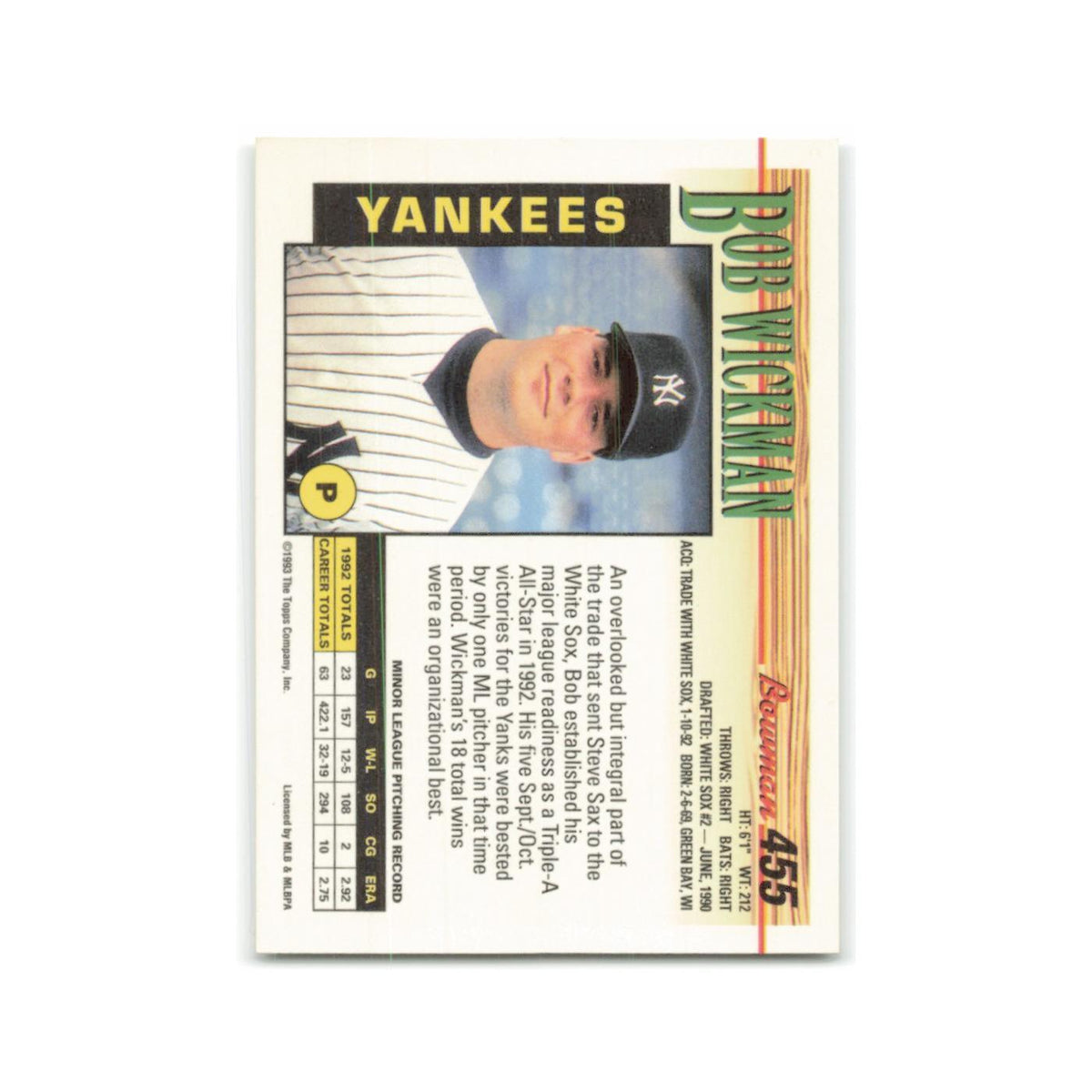 Bob Wickman 1993 Bowman #455 New York Yankees Baseball Card NM
