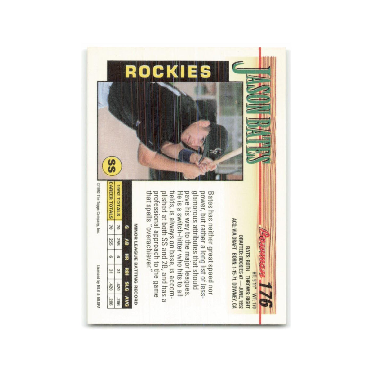 Jason Bates Rookie 1993 Bowman #176 Colorado Rockies Baseball Card NM