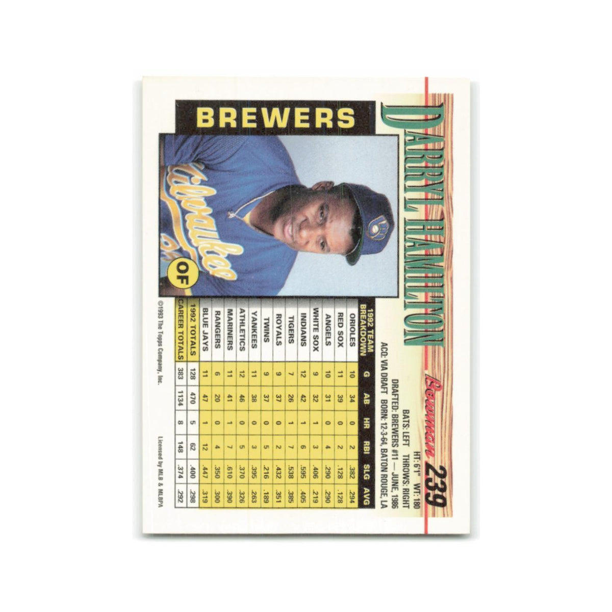 Darryl Hamilton 1993 Bowman #239 Milwaukee Brewers Baseball Card NM