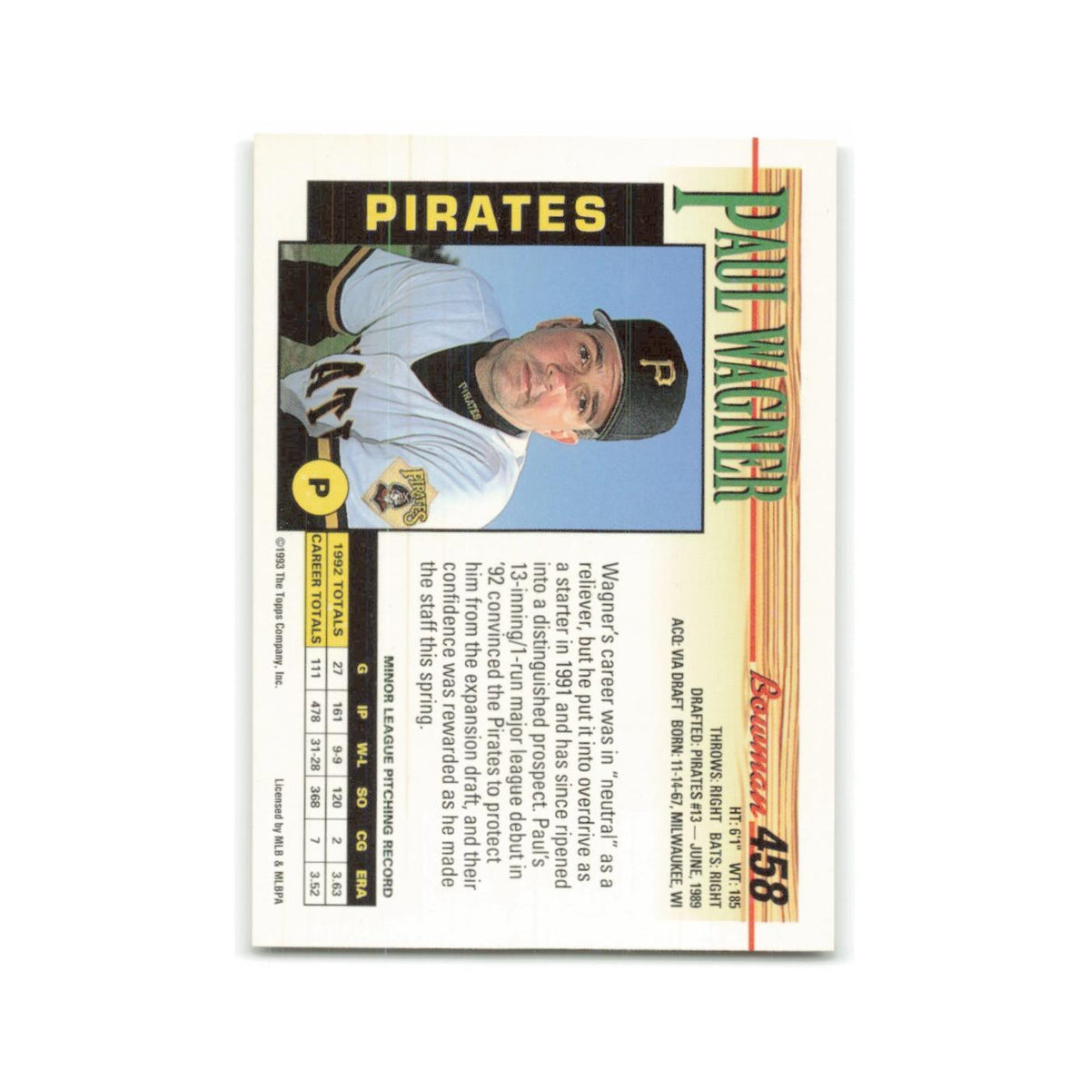 Paul Wagner 1993 Bowman #458 Pittsburgh Pirates Baseball Card NM