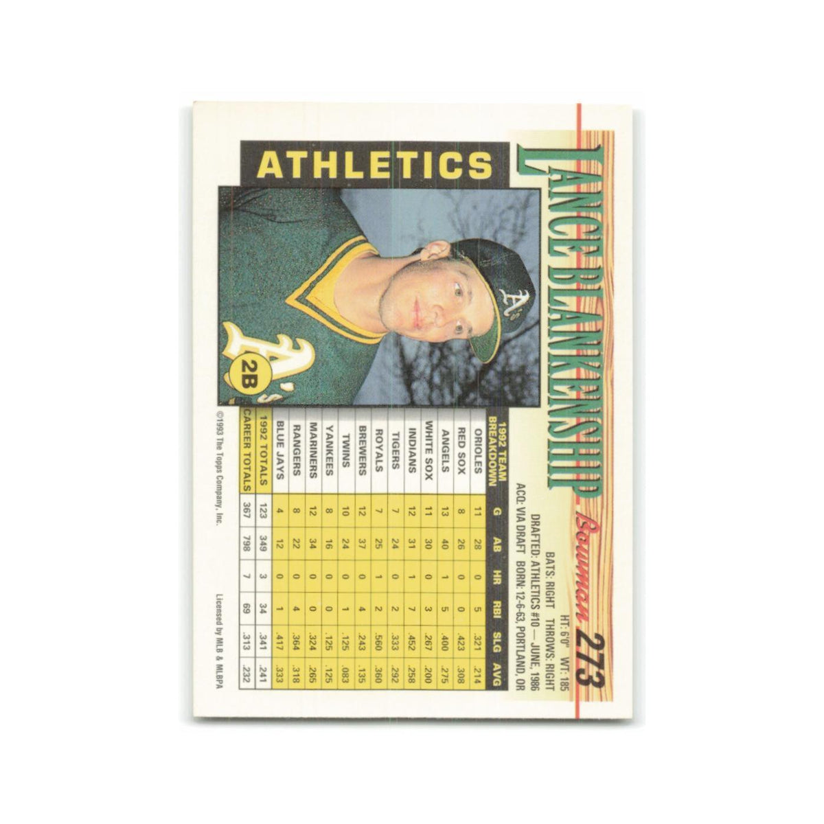 Lance Blankenship 1993 Bowman #273 Oakland Athletics Baseball Card NM
