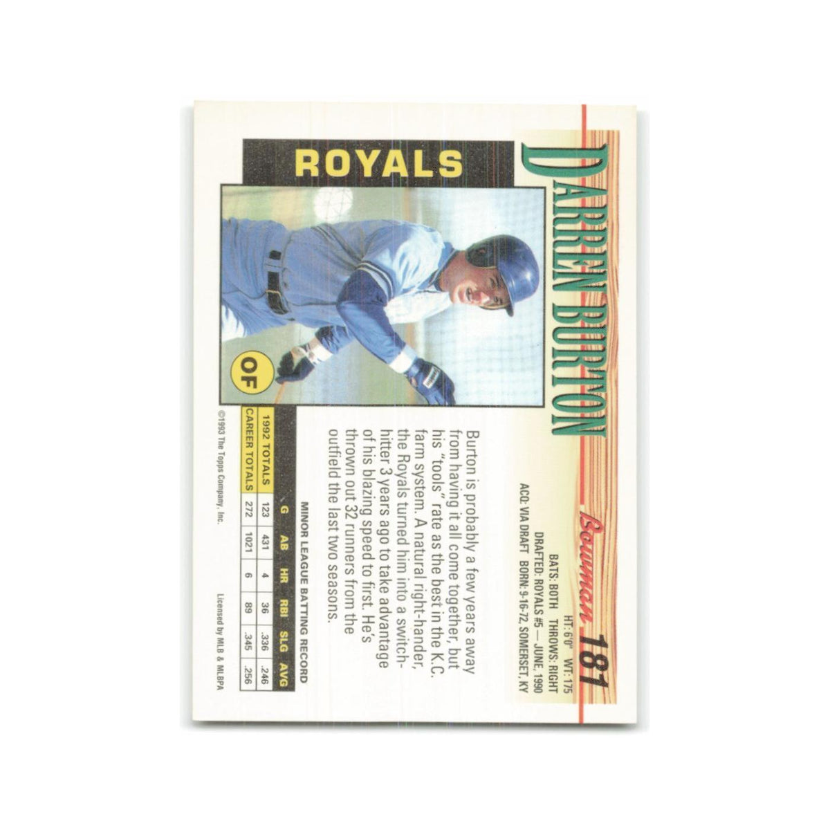 Darren Burton 1993 Bowman #181 Kansas City Royals Baseball Card NM