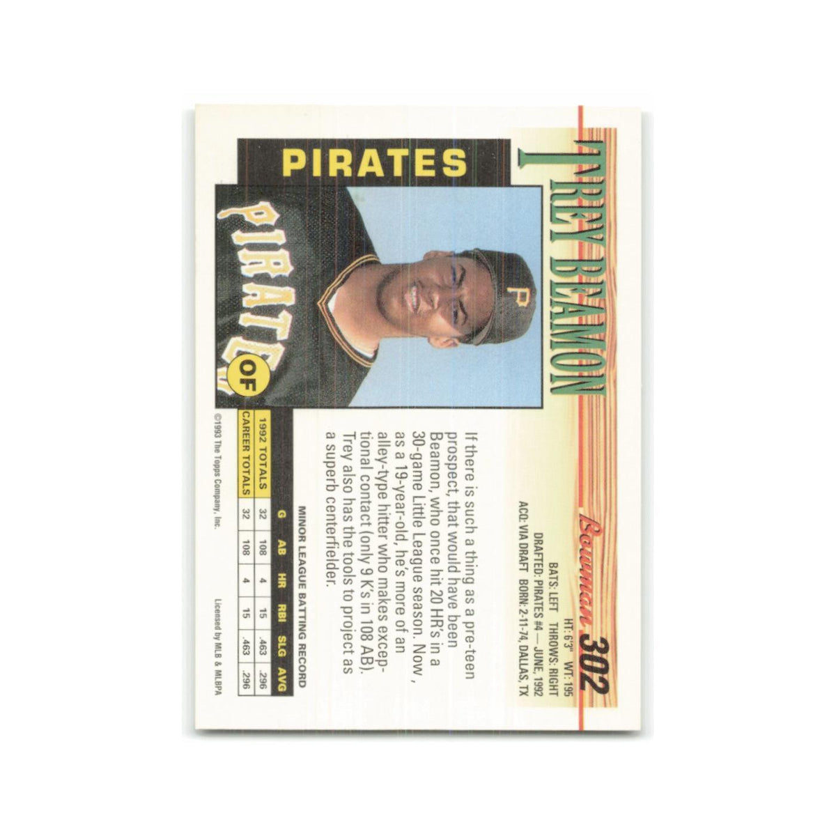 Trey Beamon Rookie 1993 Bowman #302 Pittsburgh Pirates Baseball Card NM