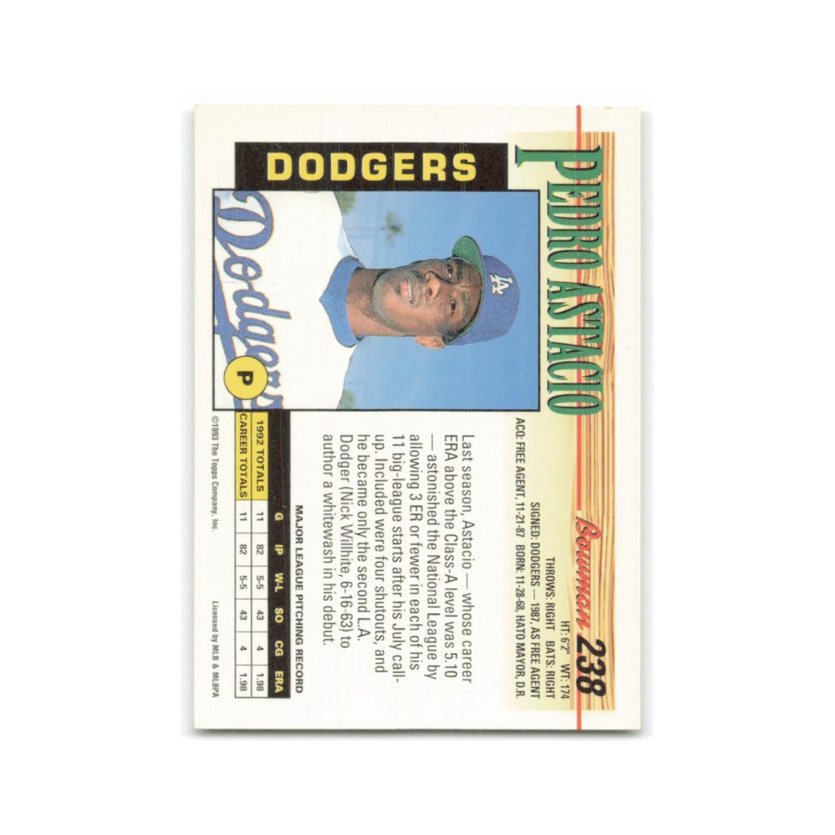 Pedro Astacio 1993 Bowman #238 Los Angeles Dodgers Baseball Card NM