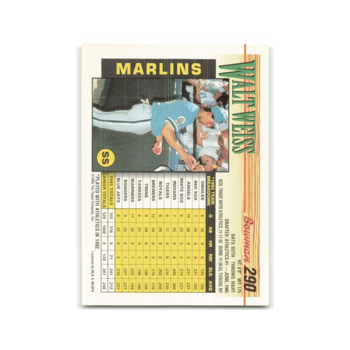 Walt Weiss 1993 Bowman #290 Florida Marlins Baseball Card NM