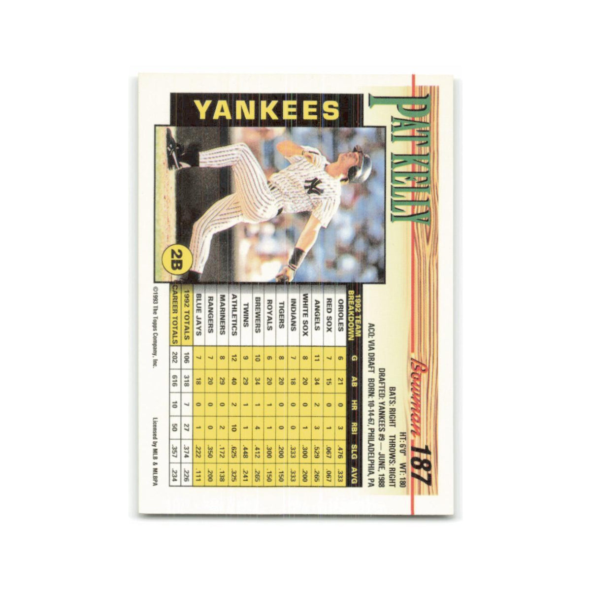 Pat Kelly 1993 Bowman #187 New York Yankees Baseball Card NM