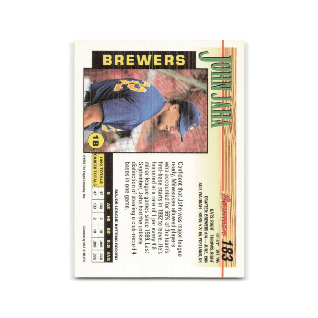 John Jaha 1993 Bowman #183 Milwaukee Brewers Baseball Card NM