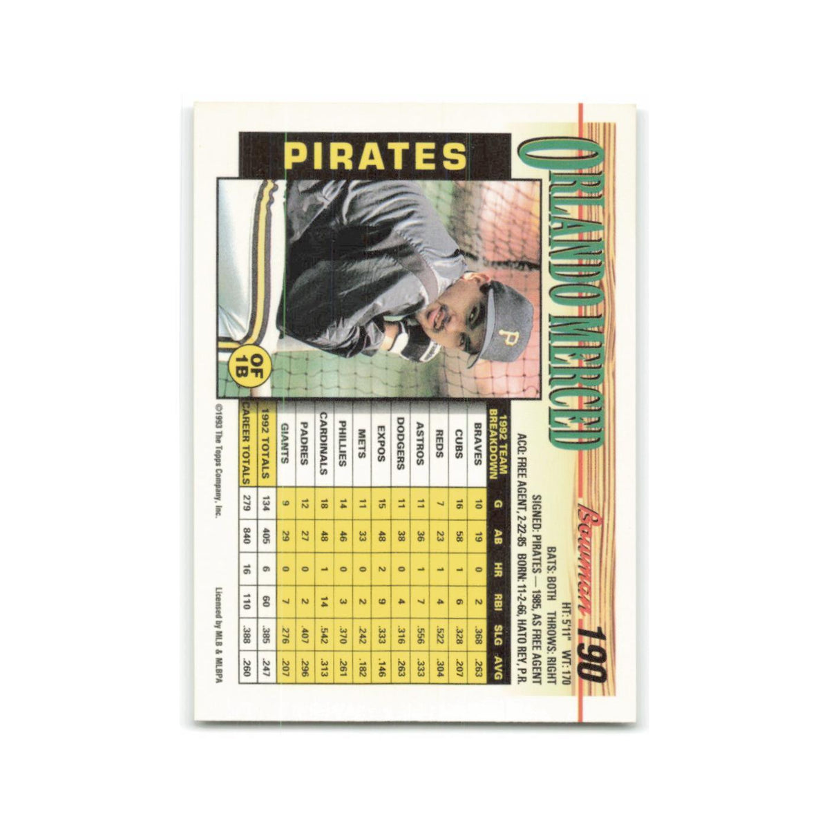 Orlando Merced 1993 Bowman #190 Pittsburgh Pirates Baseball Card NM