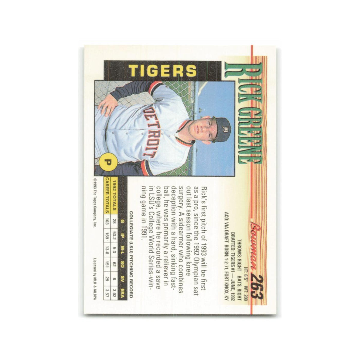 Rick Greene 1993 Bowman #263 Detroit Tigers Baseball Card NM