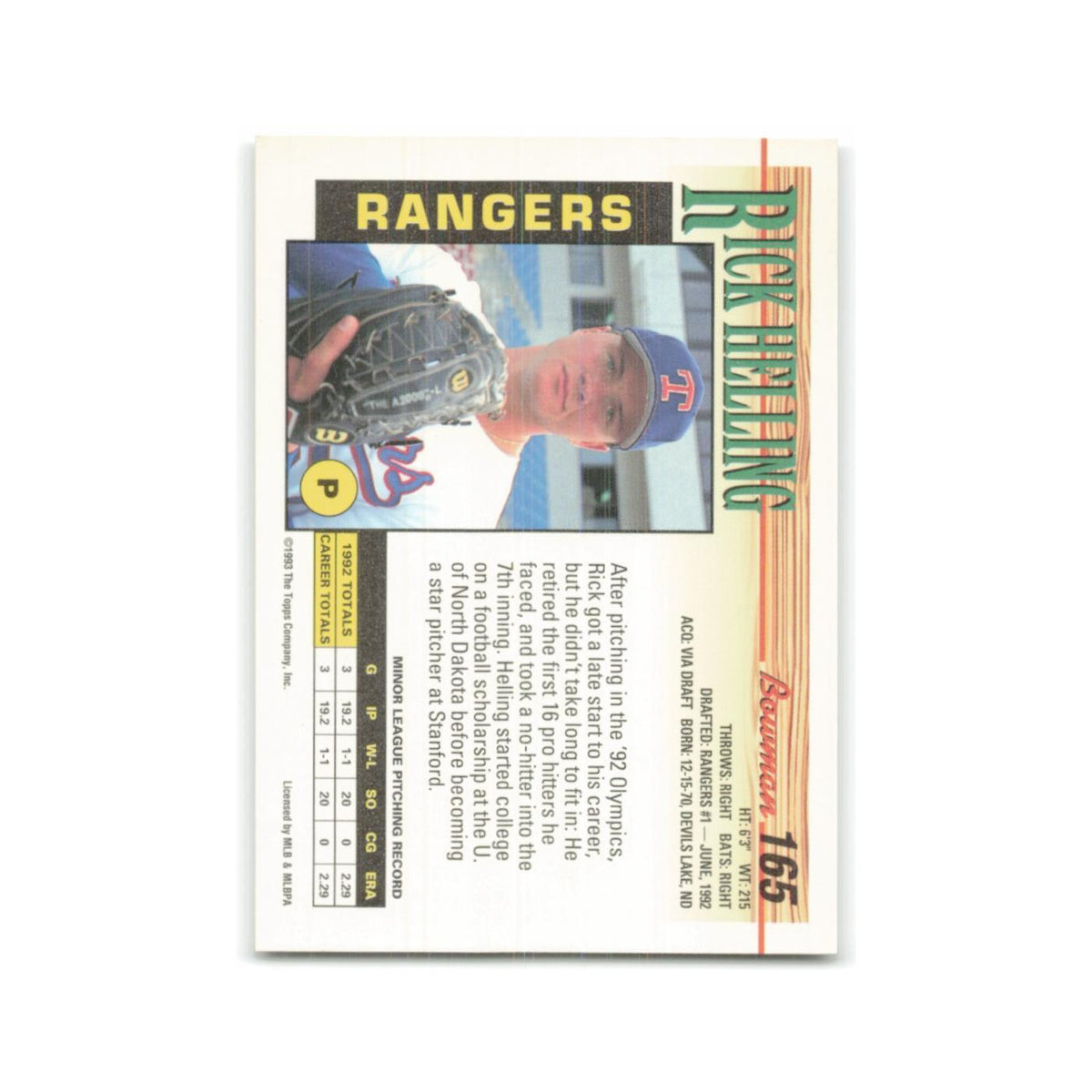 Rick Helling 1993 Bowman #165 Texas Rangers Baseball Card NM