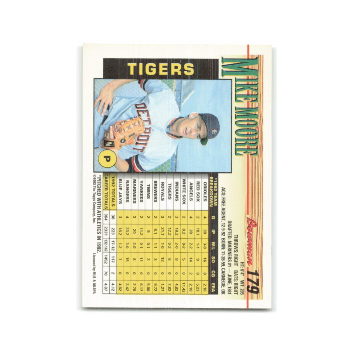 Mike Moore 1993 Bowman #179 Detroit Tigers Baseball Card NM