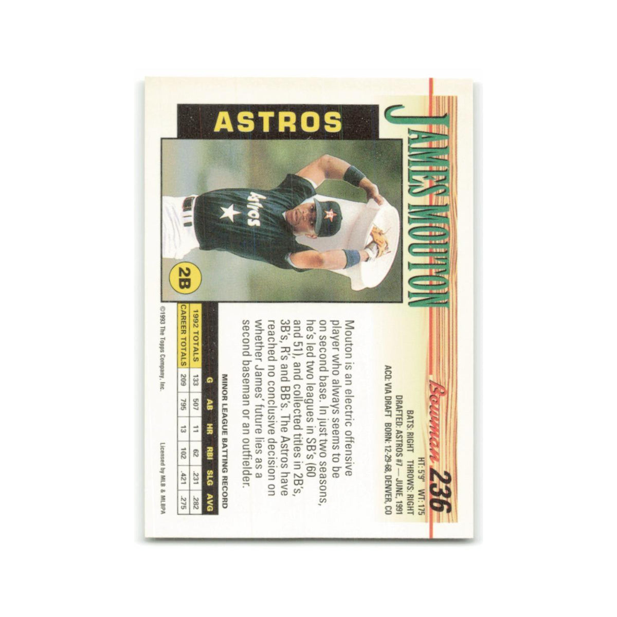 James Mouton Rookie 1993 Bowman #236 Houston Astros Baseball Card NM