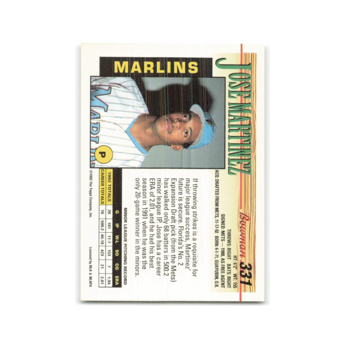 Jose Martinez Rookie 1993 Bowman #331 Florida Marlins Baseball Card NM