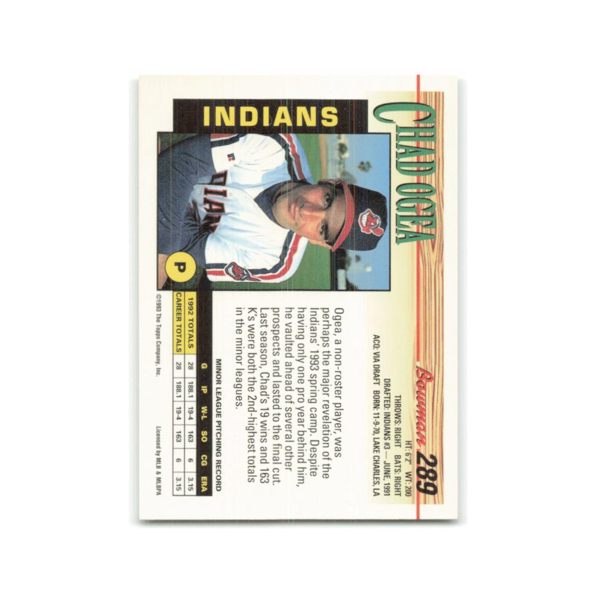 Chad Ogea Rookie 1993 Bowman #289 Cleveland Indians Baseball Card NM
