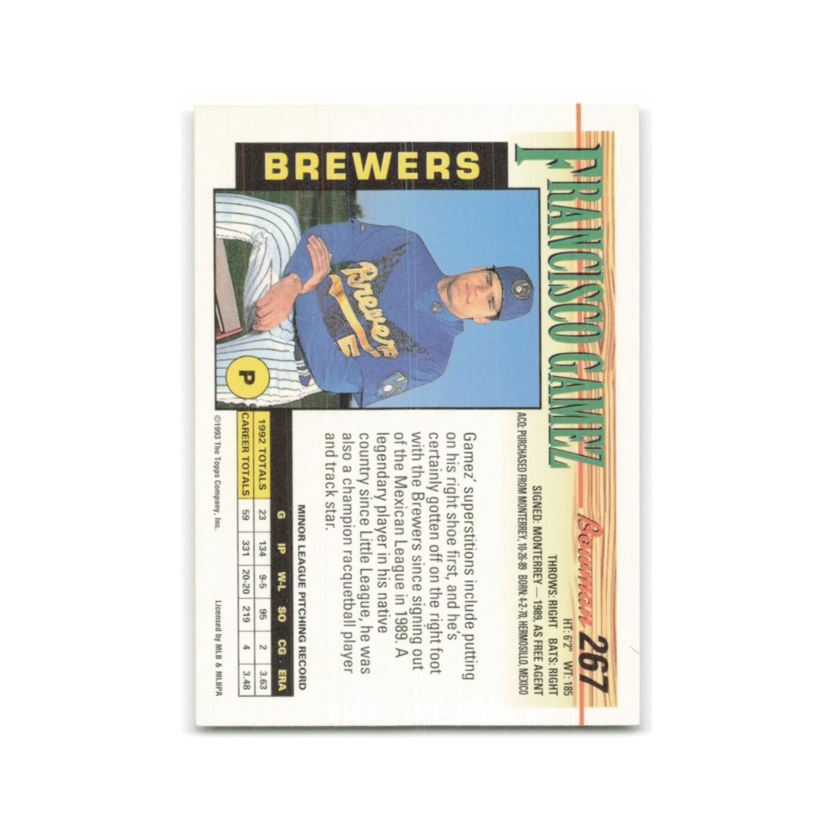 Francisco Gamez Rookie 1993 Bowman #267 Milwaukee Brewers Baseball Card NM