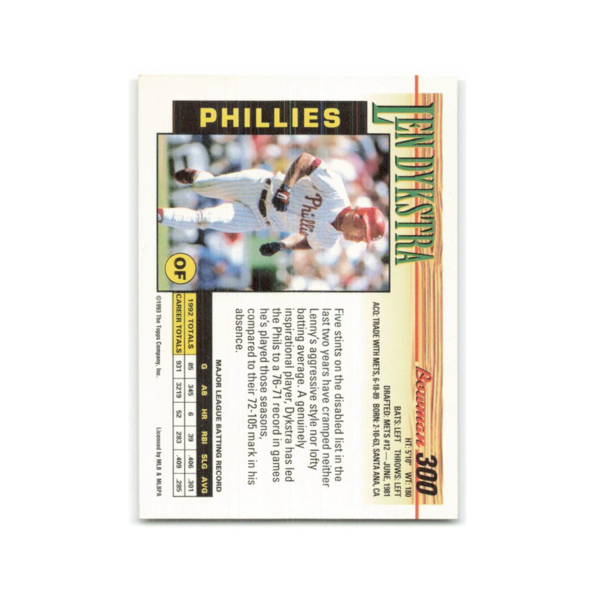 Lenny Dykstra 1993 Bowman #300 Philadelphia Phillies Baseball Card NM