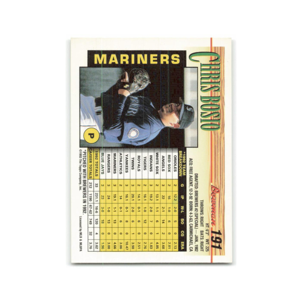 Chris Bosio 1993 Bowman #191 Seattle Mariners Baseball Card NM
