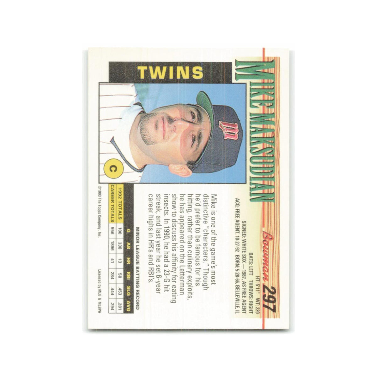 Mike Maksudian Rookie 1993 Bowman #297 Minnesota Twins Baseball Card NM