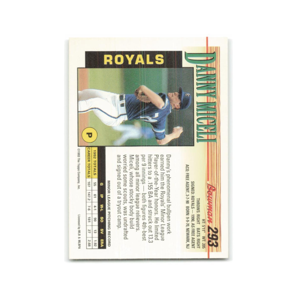 Dan Miceli Rookie 1993 Bowman #293 Kansas City Royals Baseball Card NM