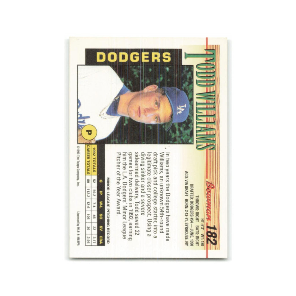 Todd Williams Rookie 1993 Bowman #182 Los Angeles Dodgers Baseball Card NM