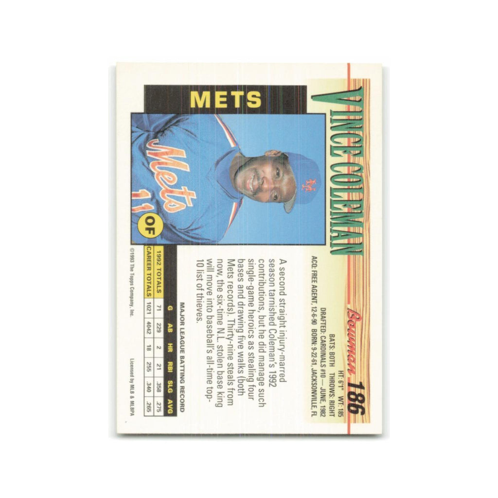 Vince Coleman 1993 Bowman #186 New York Mets Baseball Card NM