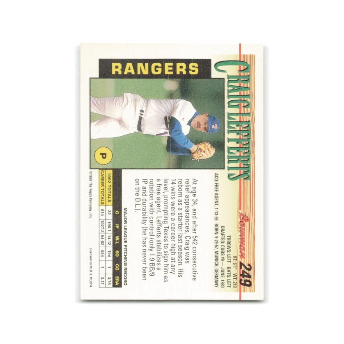 Craig Lefferts 1993 Bowman #249 Texas Rangers Baseball Card NM