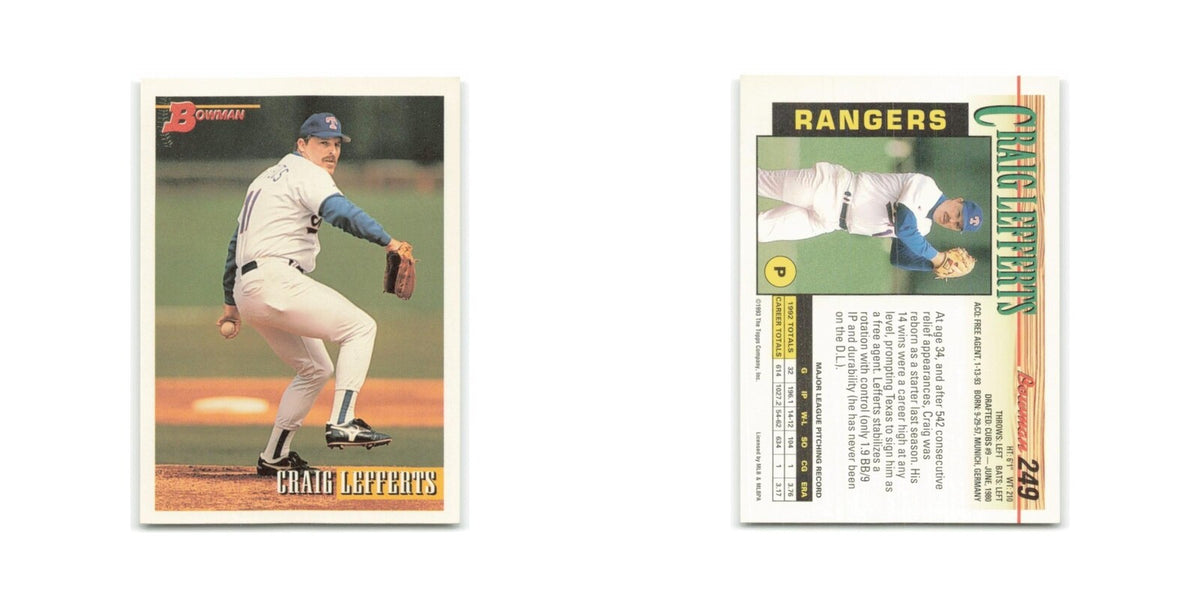 Craig Lefferts 1993 Bowman #249 Texas Rangers Baseball Card NM