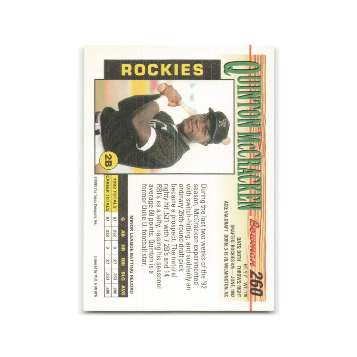 Quinton McCracken Rookie 1993 Bowman #260 Colorado Rockies Baseball Card NM