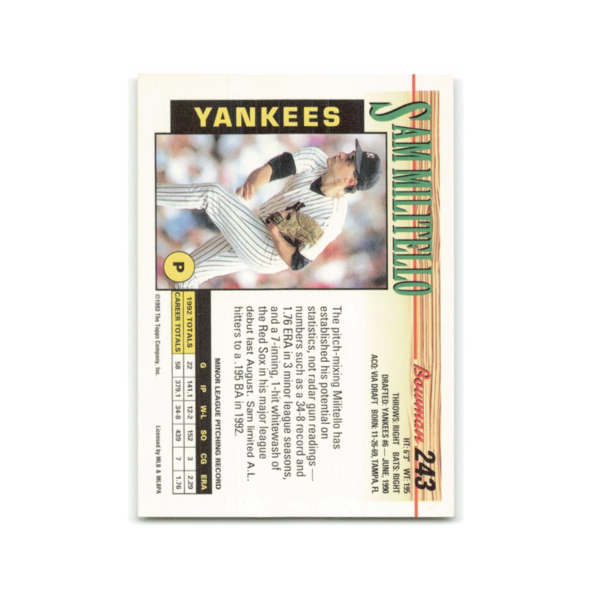 Sam Militello 1993 Bowman #243 New York Yankees Baseball Card NM