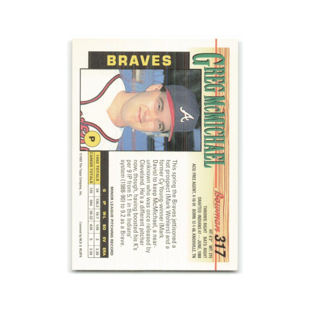 Greg McMichael Rookie 1993 Bowman #317 Atlanta Braves Baseball Card NM