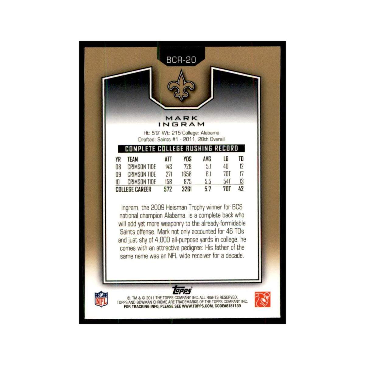 2011 Bowman Chrome Gold Mark Ingram RC Football Cards #BCR-20