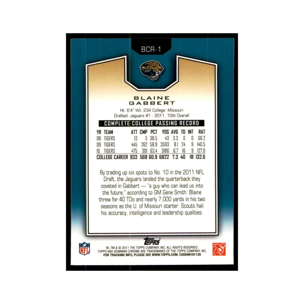 2011 Bowman Chrome Gold Blaine Gabbert RC Football Cards #BCR-1