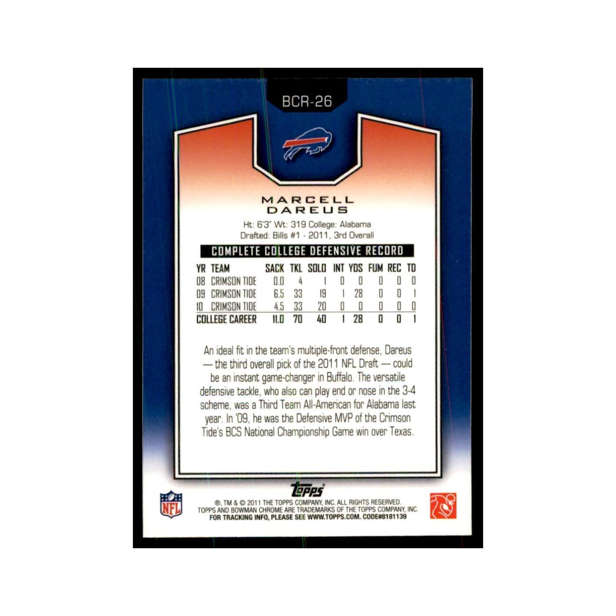 2011 Bowman Chrome Gold Marcell Dareus RC Football Cards #BCR-26