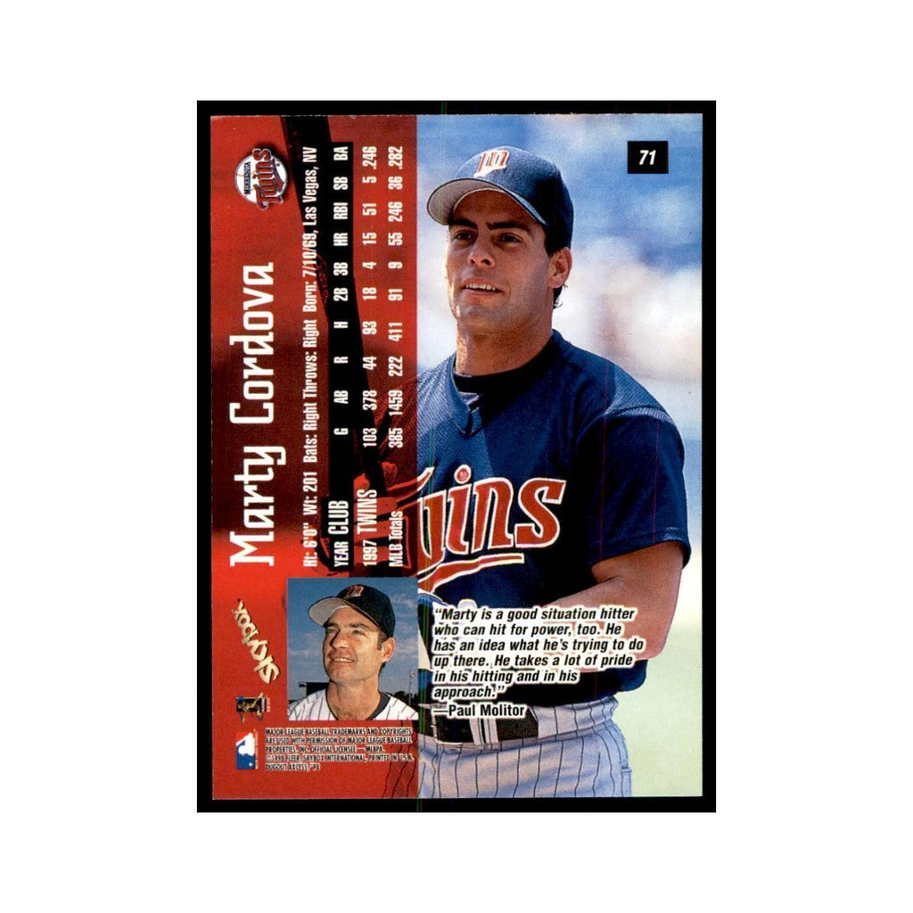 1998 SkyBox Dugout Axcess Marty Cordova Baseball Cards #71