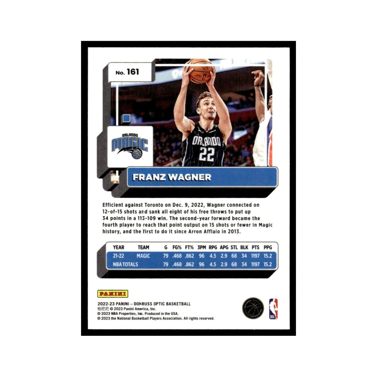 Franz Wagner 2022 Donruss Optic #161 Orlando Magic Basketball Card NM