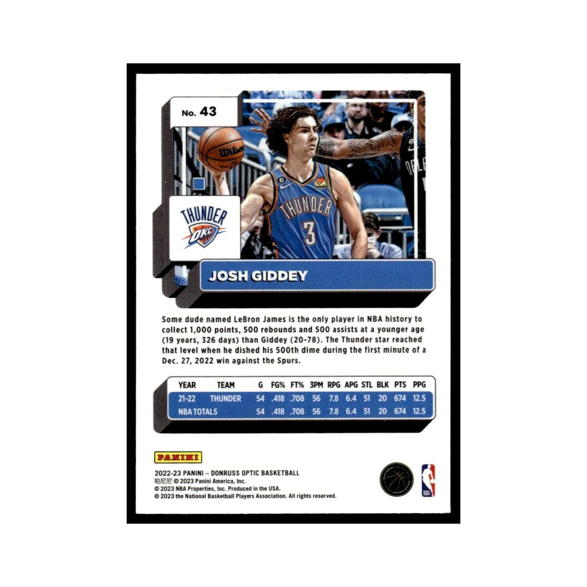 Josh Giddey 2022 Donruss Optic #43 Oklahoma City Thunder Basketball Card NM