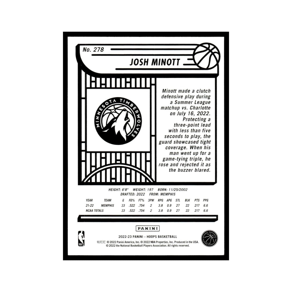 Josh Minott Rookie 2022 Hoops #278 Minnesota Timberwolves Basketball Card NM