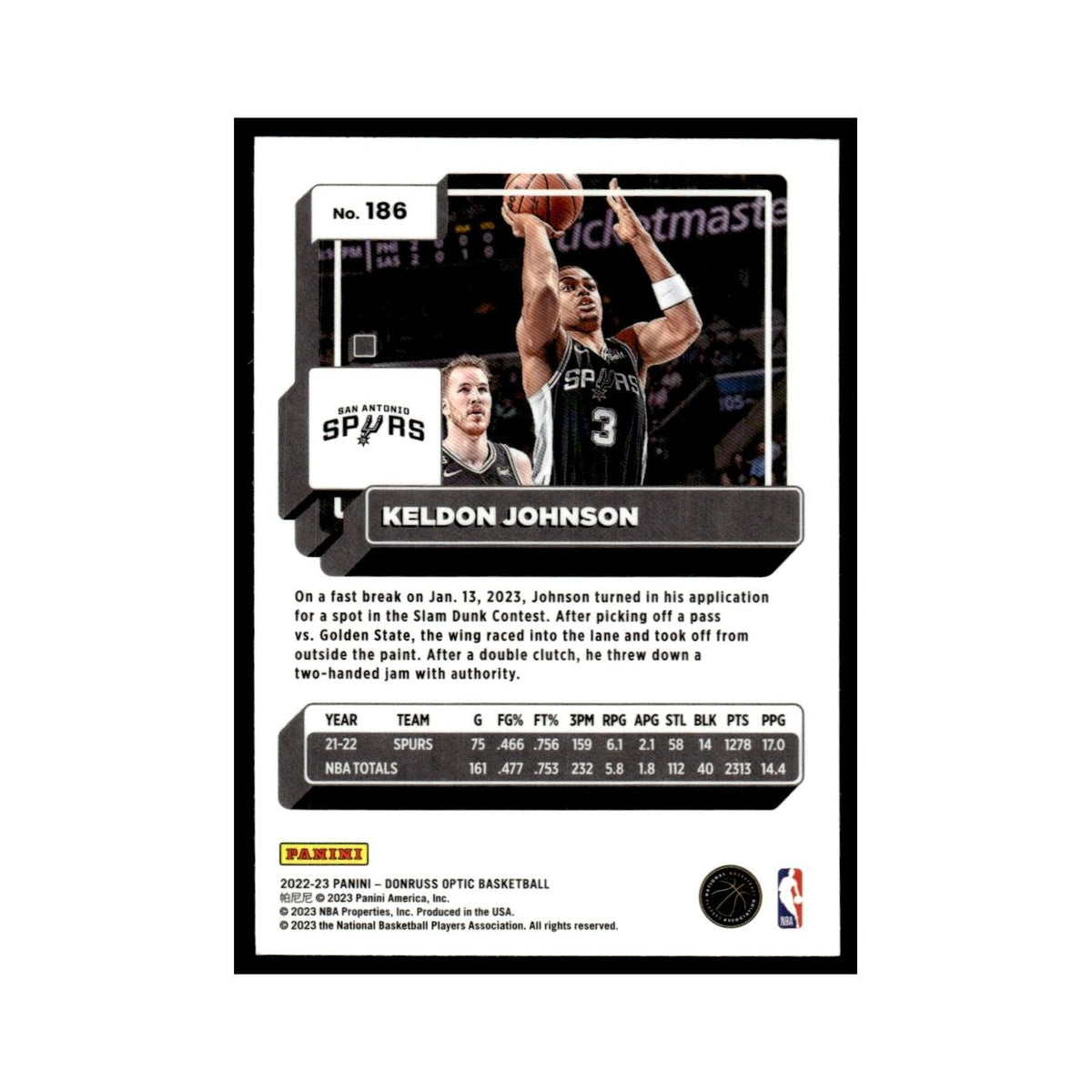Keldon Johnson 2022 Donruss Optic #186 San Antonio Spurs Basketball Card NM