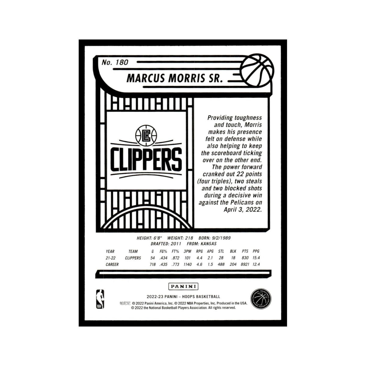 Marcus Morris Sr. 2022 Hoops #180 Los Angeles Clippers Basketball Card NM