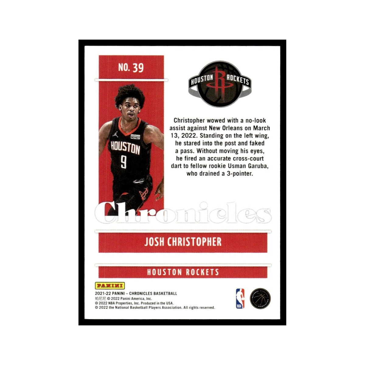Josh Christopher 2021 Panini Chronicles #39 Houston Rockets Basketball Card NM
