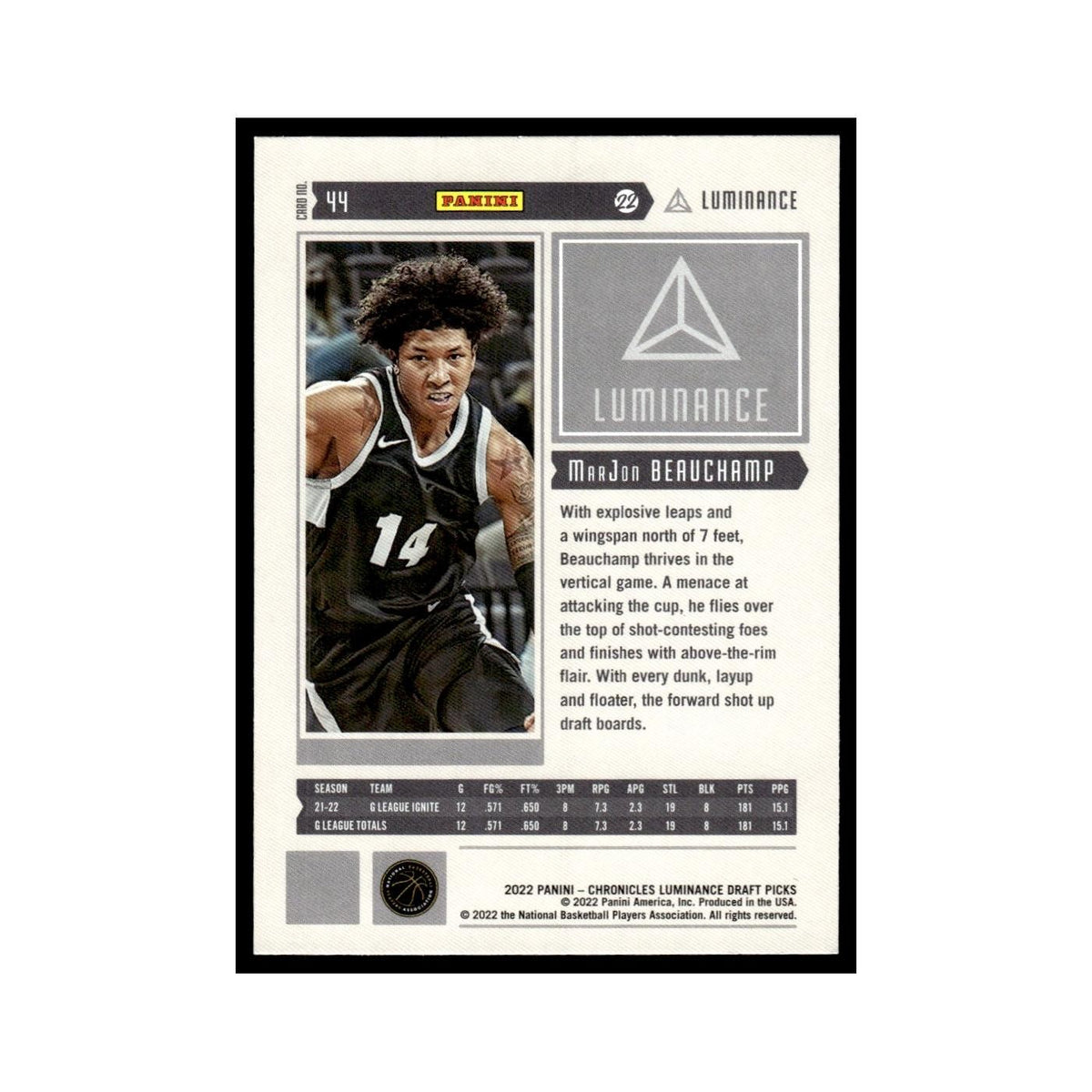 MarJon Beauchamp Rookie 2022 Panini Chronicles Luminance Draft #44 NM