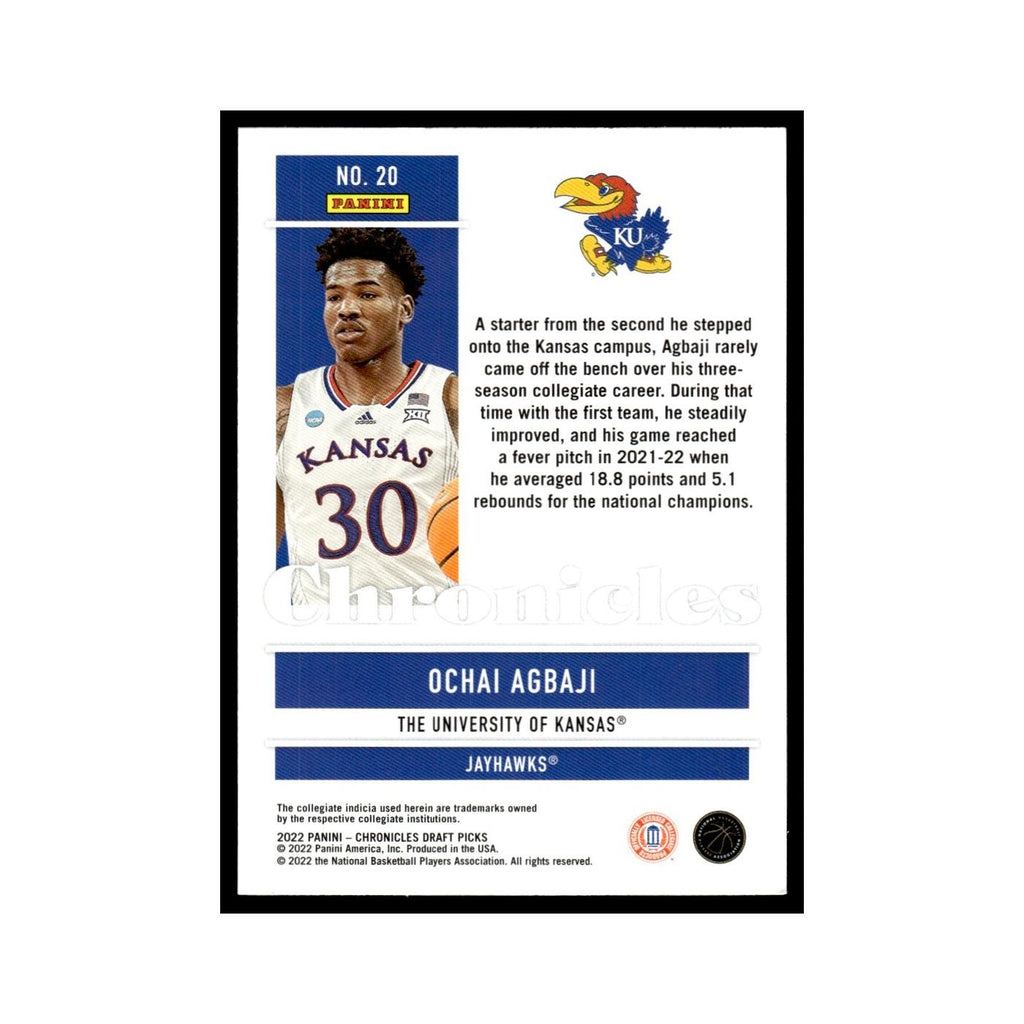 Ochai Agbaji Rookie 2022 Panini Chronicles Draft #20 Kansas Jayhawks NM