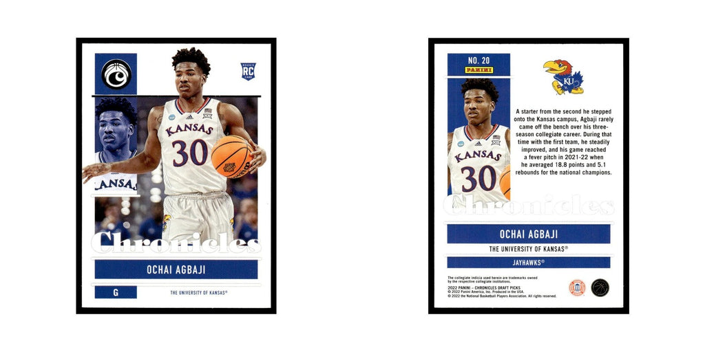 Ochai Agbaji Rookie 2022 Panini Chronicles Draft #20 Kansas Jayhawks NM